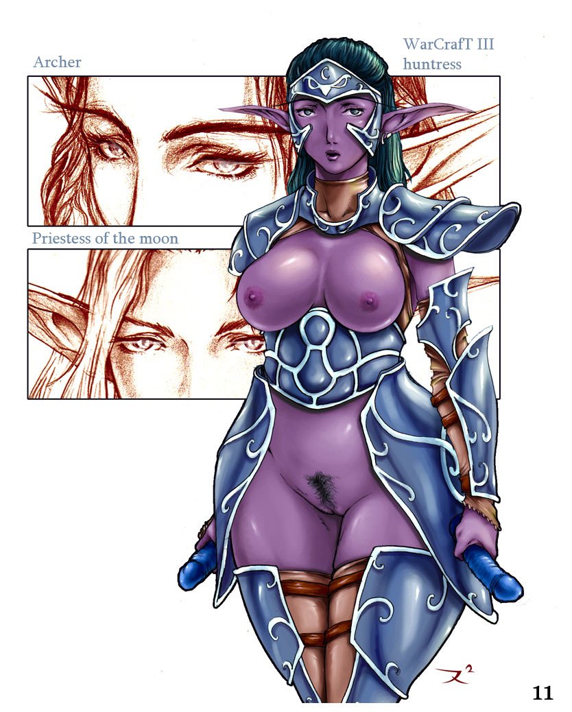 huntress, night elf (warcraft), warcraft, world of warcraft, armor, breasts, dildo, elf, nipples, pointy ears, pubic hair, purple skin, wide hips