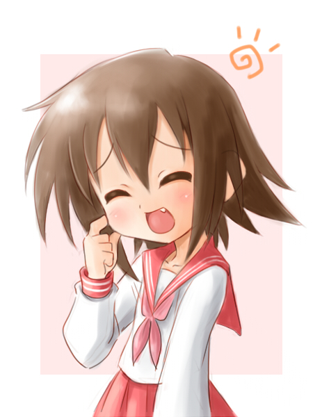 satogo, kusakabe misao, lucky star, bad id, bad pixiv id, 00s, brown hair, closed eyes, fang, school uniform, serafuku, short hair