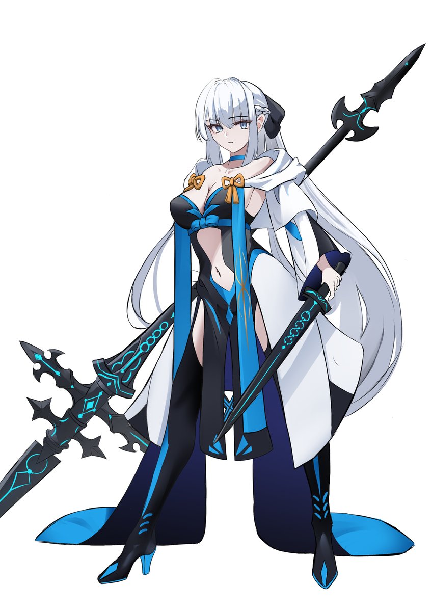 yugusan5, morgan le fay (fate), morgan le fay (second ascension) (fate), fate/grand order, fate (series), 1girl, black bow, blue eyes, bow, braid, full body, hair between eyes, hair bow, half up braid, high heels, holding, holding polearm, holding sword, holding weapon, long hair, long sleeves, looking at viewer, polearm, ponytail, simple background, solo, standing, sword, very long hair, weapon, white background, white hair