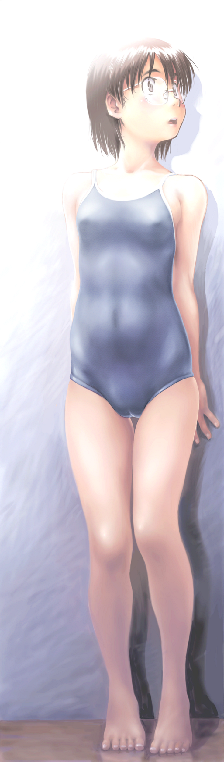 muyaa, nyororiso (muyaa), okonogi yuuko, dennou coil, absurdres, bad id, bad pixiv id, highres, long image, tall image, 00s, 1girl, barefoot, brown eyes, brown hair, cameltoe, feet, female focus, flat chest, glasses, one-piece swimsuit, school swimsuit, short hair, solo, swimsuit