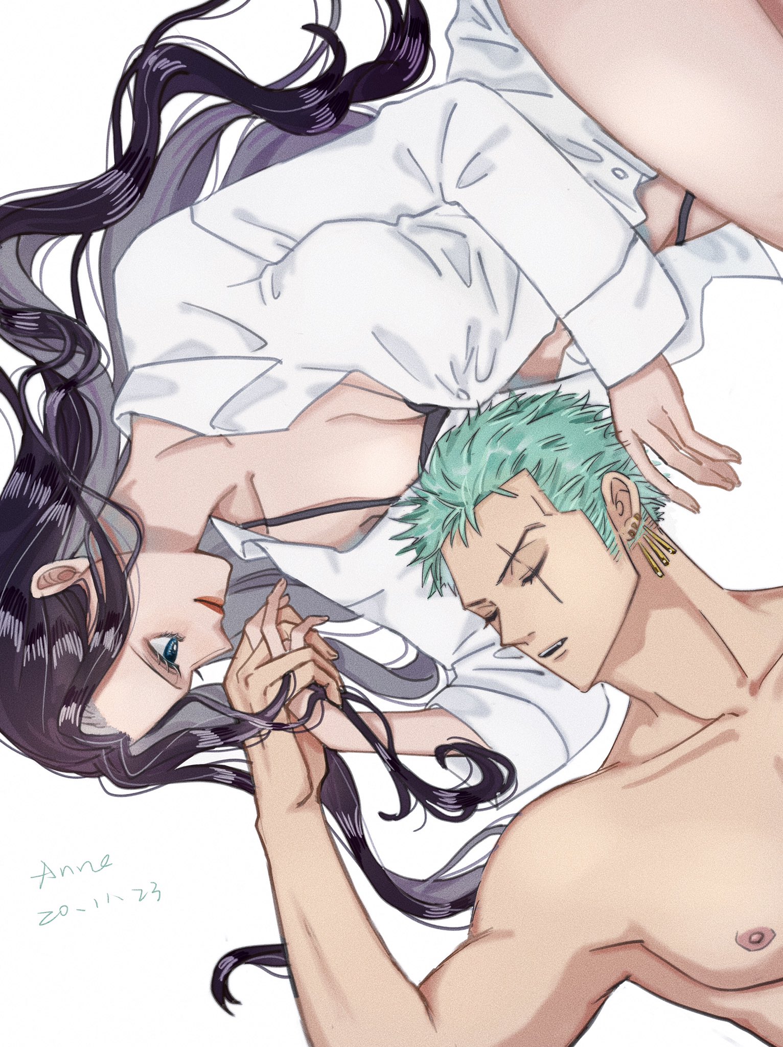 anneredblue, nico robin, roronoa zoro, one piece, hashtag-only commentary, highres, 1boy, black hair, blue eyes, closed eyes, dated, earrings, green hair, holding hands, jewelry, long hair, lying, on back, red lips, scar, scar across eye, scar on face, shirt, short hair, sideburns, smile, topless male, white shirt