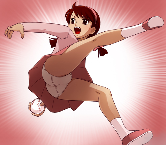 haruyama kazunori, banjou yuki, samurai giants, 1970s (style), 1girl, ball, baseball, baseball (object), brown hair, female focus, hairband, oldschool, panties, pantyshot, pitching, retro artstyle, solo, underwear, upskirt