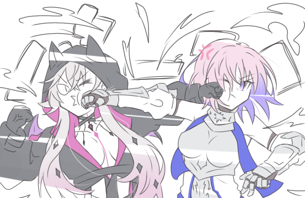 uryu0270, lilith (fate), lilith (first ascension) (fate), mash kyrielight, mash kyrielight (paladin), fate/grand order, fate (series), commentary, 2girls, anger vein, boobplate, breastplate, breasts, center opening, cleavage, fighting, grey hair, hair between eyes, long hair, medium breasts, multiple girls, pink hair, punching, short hair, twintails