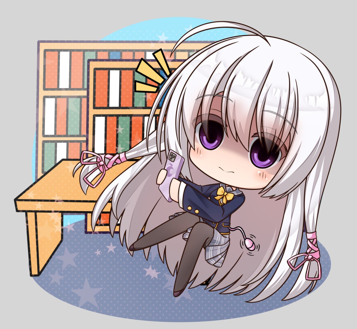 misu t (ccc), ayachi nene, sanoba witch, commentary, symbol-only commentary, 1girl, ahoge, black jacket, black thighhighs, blush, bow, bowtie, cellphone, chibi, chibi only, closed mouth, egg vibrator, empty eyes, expressionless, eyes visible through hair, full body, grey hair, grey sailor collar, grey skirt, hair between eyes, hair ribbon, holding, holding phone, implied masturbation, indoors, jacket, library, long hair, long sleeves, miniskirt, motion lines, notice lines, phone, pink ribbon, plaid clothes, plaid skirt, pleated skirt, purple eyes, ribbon, sailor collar, school uniform, serafuku, sex toy, shaded face, skirt, smartphone, solo, split mouth, straight hair, table, thighhighs, very long hair, vibrator, yellow bow, yellow bowtie