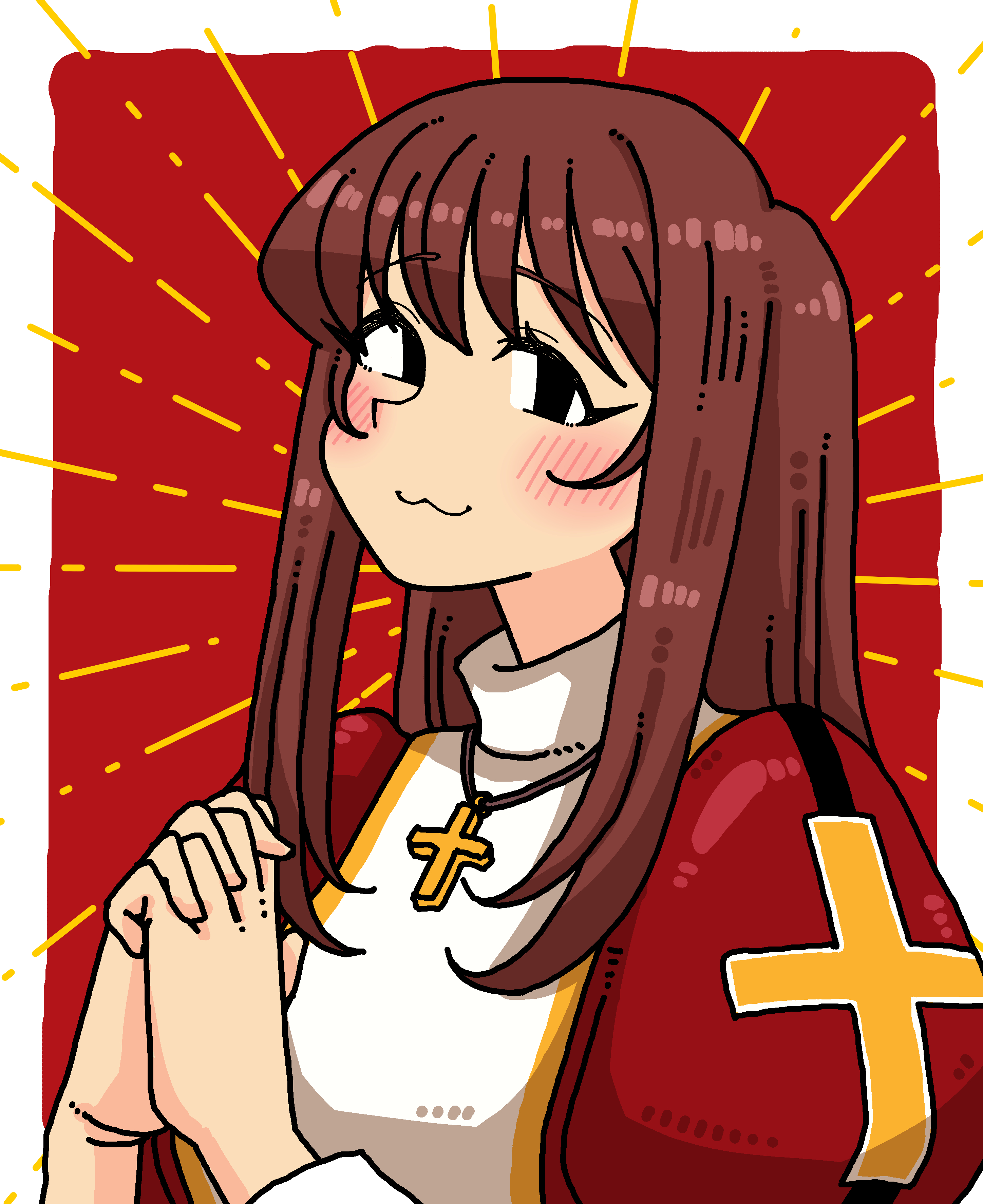 erica fontaine, sakura taisen, sakura taisen iii, absurdres, highres, :3, black eyes, blush, brown hair, collar, cross, dress, juliet sleeves, latin cross, long hair, long sleeves, looking at viewer, own hands clasped, own hands together, puffy sleeves, red background, red dress, shiromotsu3, sidelocks, smile, white collar