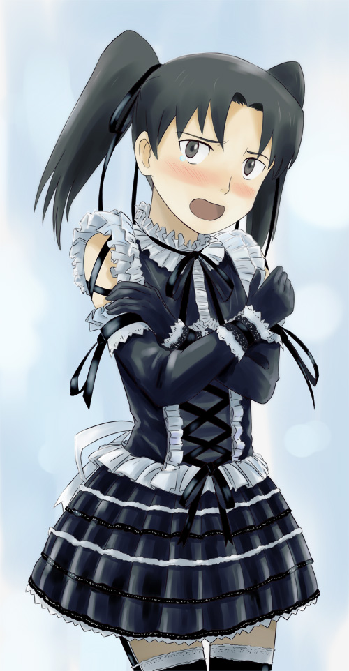 denden, minami juujisei, amasawa yuuko, dennou coil, 00s, blush, brown eyes, brown hair, embarrassed, gothic lolita, lolita fashion, solo, thighhighs, twintails, zettai ryouiki