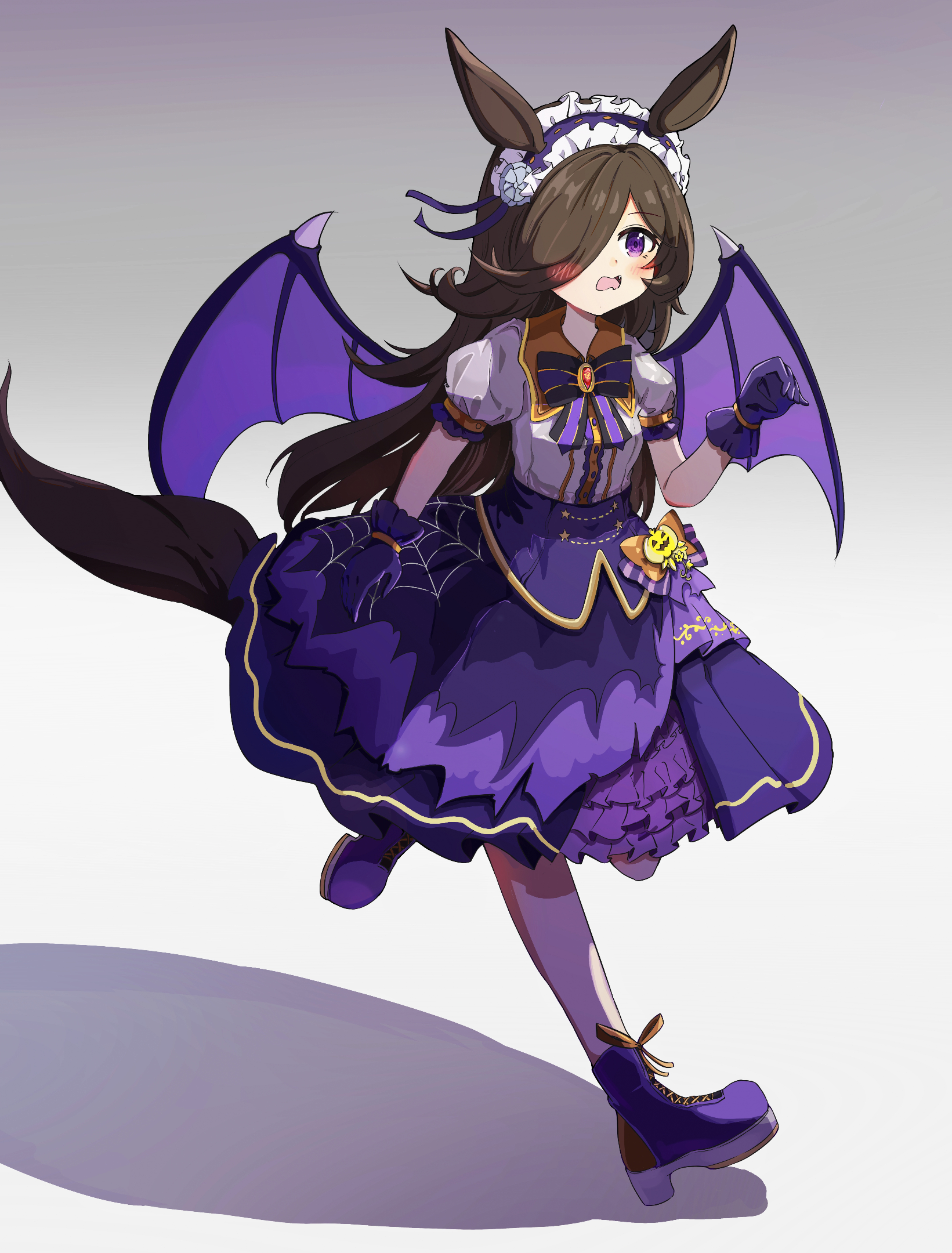 komeiji-qingkuang, rice shower (make up vampire!) (umamusume), rice shower (umamusume), umamusume, absurdres, commentary, highres, symbol-only commentary, 1girl, animal ears, bat wings, black hair, blush, bow, bowtie, dress, fang, frilled dress, frills, from side, gloves, gold trim, hair over one eye, horse ears, horse girl, horse tail, jack-o'-lantern ornament, leg up, long hair, official alternate costume, open mouth, puffy short sleeves, puffy sleeves, purple bow, purple dress, purple eyes, purple gloves, purple shoes, running, shadow, shoes, short sleeves, solo, spider web print, tail, white headdress, wings