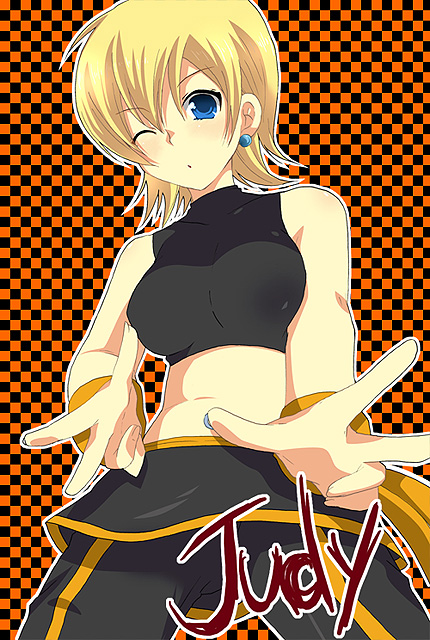 futaba 841, judy (pop'n music), bemani, pop'n music, 1girl, blonde hair, blue eyes, character name, earrings, female focus, jewelry, one eye closed, perspective, short hair, solo, wink, wristband
