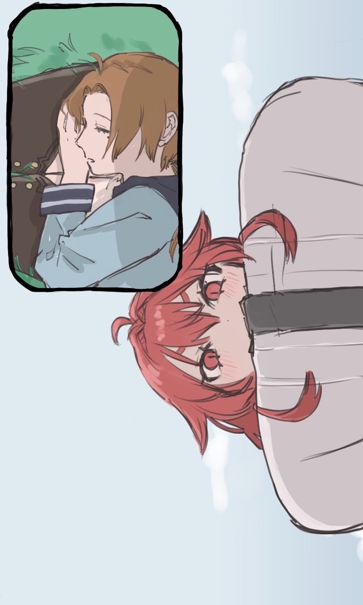 eris greyrat, rudeus greyrat, mushoku tensei, highres, 1boy, 1girl, ahoge, d0smhsmvh897684, lap pillow, mole, mole under eye, red eyes, red hair, sleeping, staring
