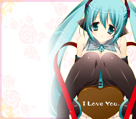 kaede (artist), shigunyan, hatsune miku, vocaloid, 1girl, aqua hair, black thighhighs, candy, chocolate, chocolate heart, detached sleeves, english text, female focus, food, heart, long hair, looking at viewer, sitting, solo, thighhighs, twintails, valentine, very long hair