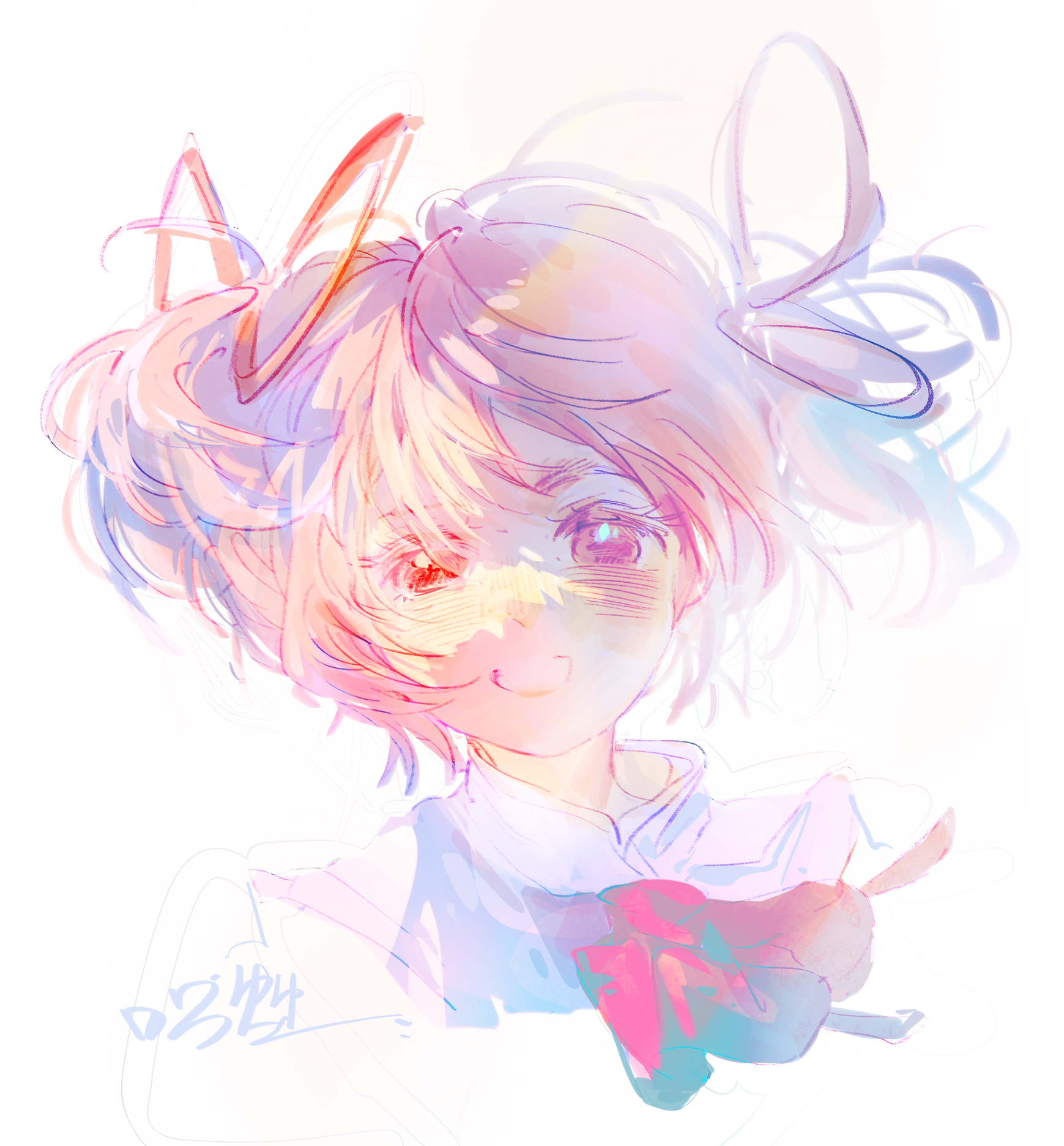 kaname madoka, mahou shoujo madoka magica, mahou shoujo madoka magica (anime), highres, 1girl, blush, bow, bowtie, collared shirt, cropped torso, eyelashes, floating clothes, floating hair, grin, hair ribbon, happy, high collar, lips, mitakihara school uniform, pink eyes, pink hair, red bow, red bowtie, red ribbon, ribbon, school uniform, shirt, short hair, short twintails, signature, simple background, sir koulu, smile, solo, twintails, white background, white shirt, wind