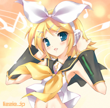 satomi hinako, kagamine rin, vocaloid, lowres, 1girl, arm warmers, blonde hair, blouse, blue eyes, blush, bow, clothes lift, female focus, hair bow, hair ornament, hairclip, hands on headphones, headphones, looking at viewer, microphone, music, musical note, navel, open mouth, quaver, ribbon, sailor collar, sheet music, shirt, shirt lift, short hair, singing, sleeveless, solo, stomach, swept bangs, upper body, watermark, web address, white bow, white shirt, yellow ribbon