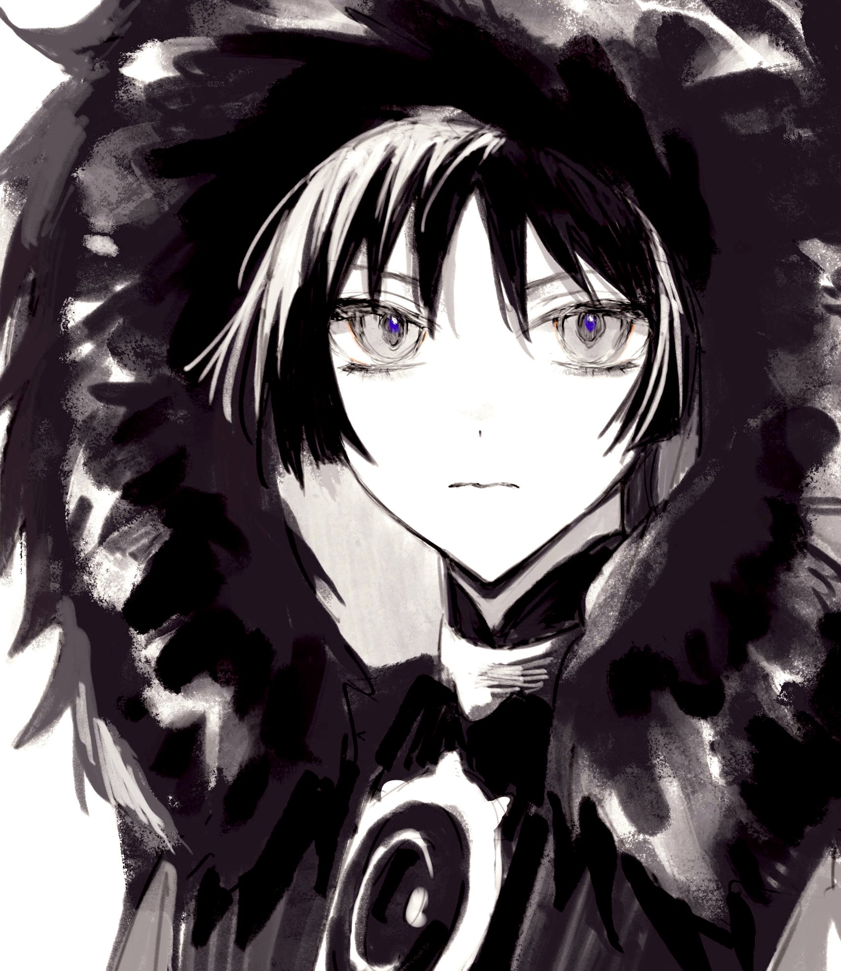 ayu kawa, scaramouche (genshin impact), genshin impact, highres, 1boy, blunt ends, bodysuit, closed mouth, coat, expressionless, eyelashes, fatui coat, fur hood, greyscale, hood, hood up, jewelry, looking at viewer, male focus, mandarin collar, monochrome, neck ring, portrait, purple pupils, solo, tsurime, wispy bangs