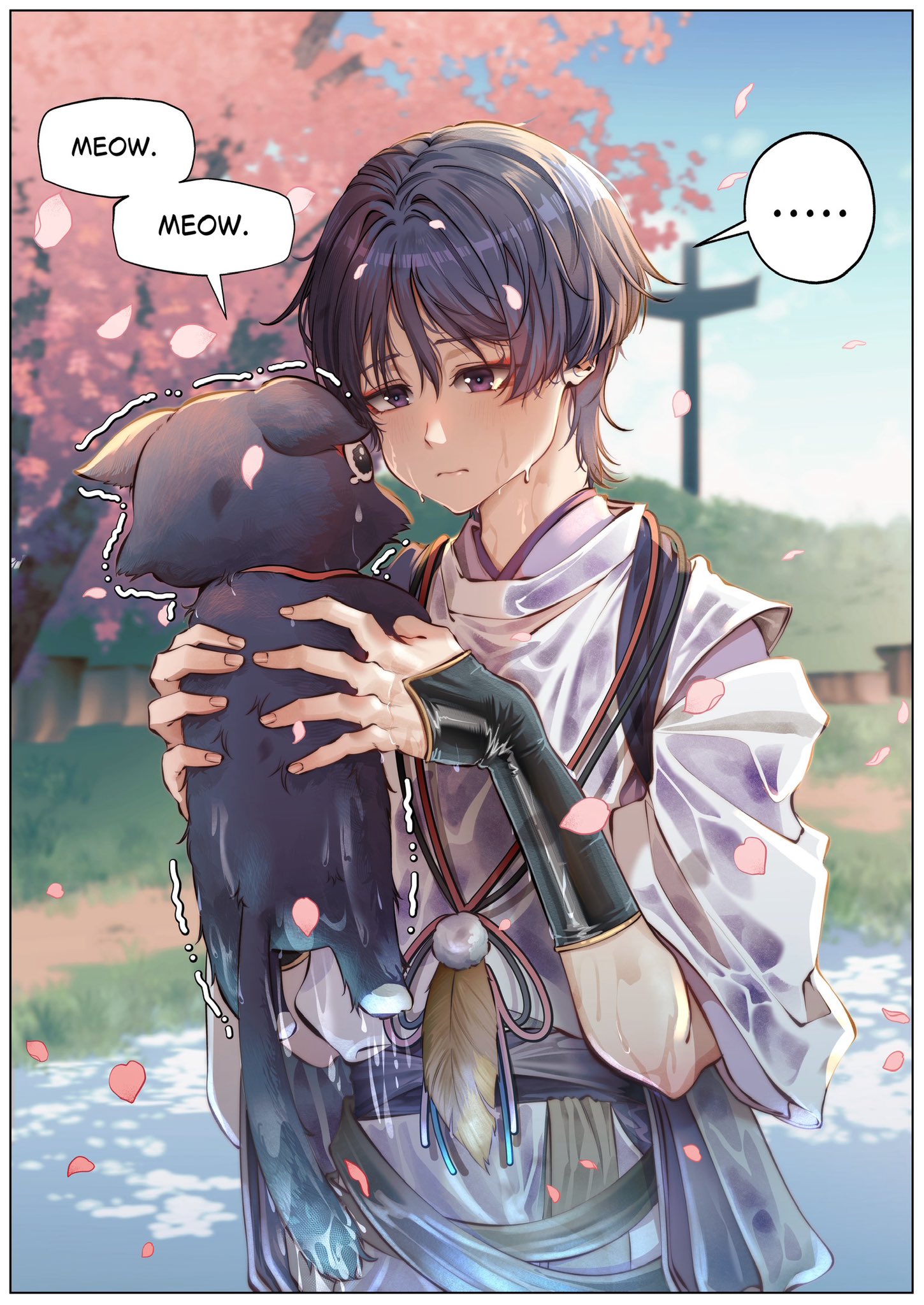 rchella, scaramouche (cat) (genshin impact), scaramouche (genshin impact), scaramouche (kabukimono) (genshin impact), genshin impact, highres, …, 1boy, animal, animalization, black cat, black hair, blue pupils, blunt ends, blurry, blurry background, blush, brown sash, cat, cherry blossoms, closed mouth, clothing cutout, eyeliner, eyeshadow, falling petals, feathers, hair between eyes, hands up, holding, holding animal, holding cat, japanese clothes, kariginu, kimono, layered sleeves, looking at animal, makeup, male focus, outdoors, person and animalization, petals, pink petals, pom pom (clothes), purple eyes, purple kimono, purple sash, purple sleeves, red eyeliner, red eyeshadow, sash, short sleeves, shoulder cutout, sound effects, speech bubble, spoken ellipsis, string, tasuki, torii, trembling, tsurime, upper body, wet, white sleeves, yellow feathers