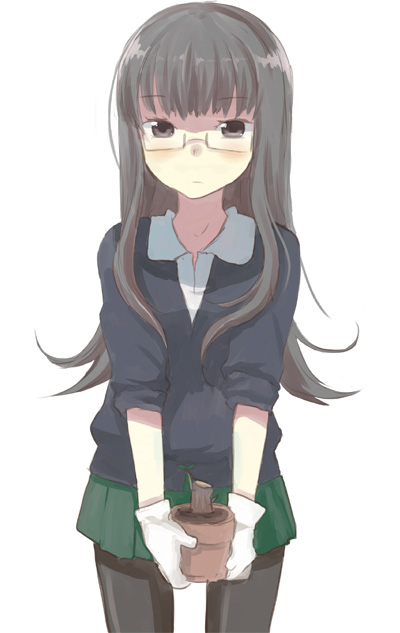ecocube, eka eri, original, 1girl, blush, bonsai, brown eyes, brown hair, female focus, glasses, gloves, long hair, pantyhose, skirt, solo, vase