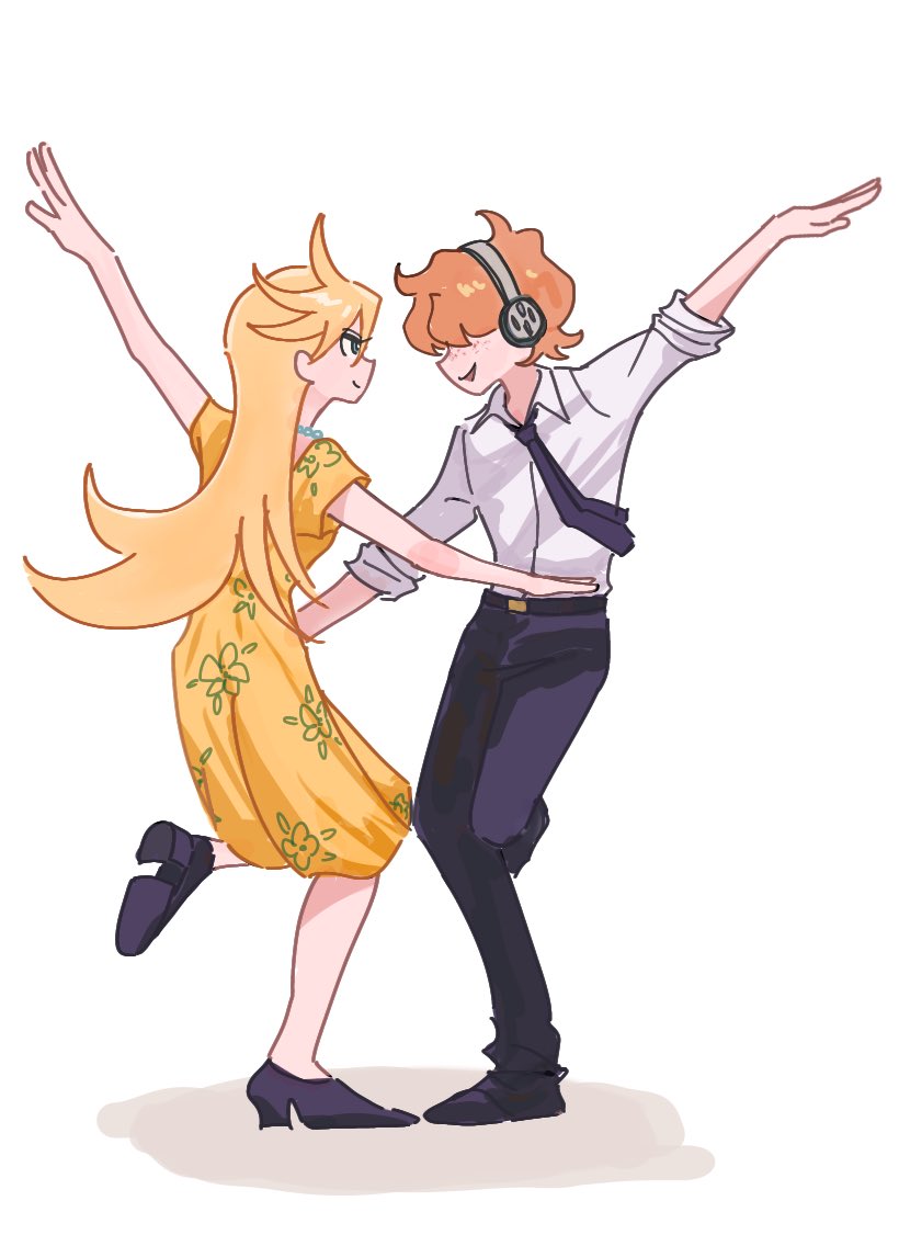 wpous121, brief (psg), panty (psg), la la land, panty & stocking with garterbelt, 1boy, 1girl, blonde hair, couple, dancing, dress, floral dress, freckles, gigantic penis, hair over eyes, headphones, jewelry, necklace, necktie, pearl necklace, penis, shirt, yellow dress