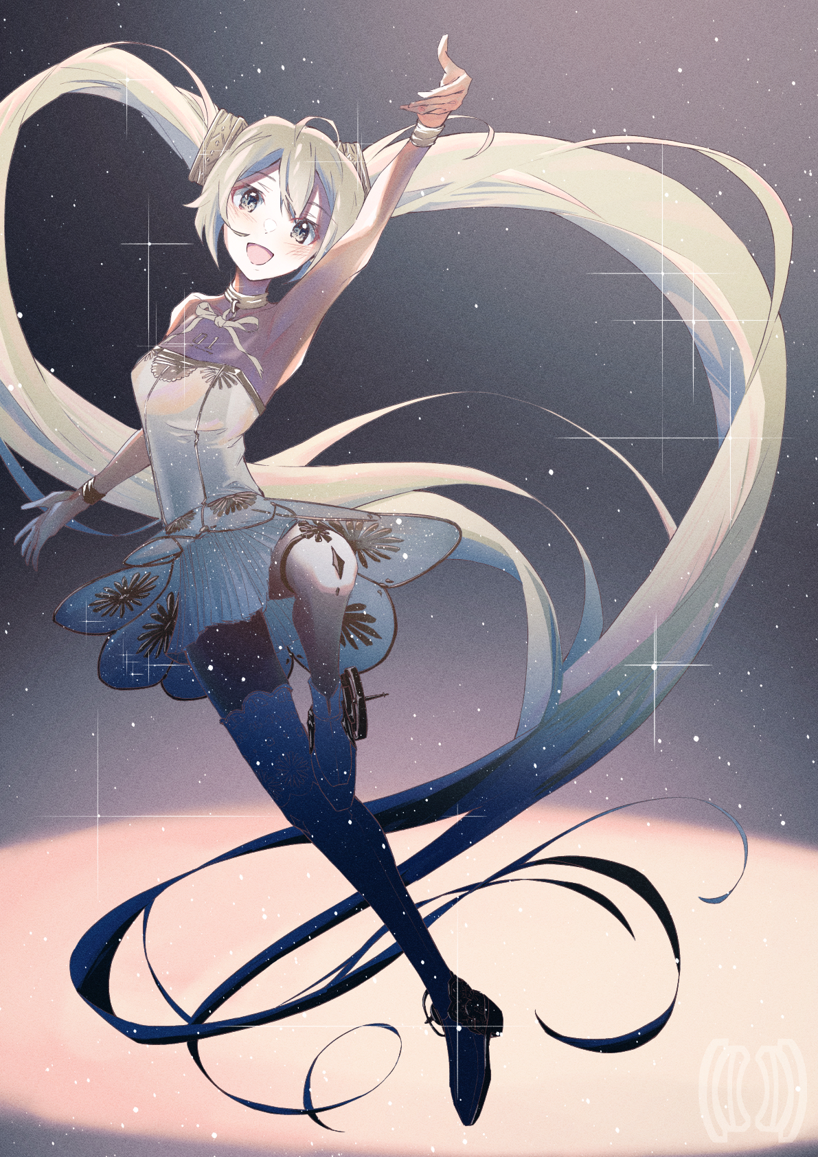 gramophone miku, hatsune miku, miku symphony (vocaloid), vocaloid, commentary, highres, 1girl, ahoge, arm up, armpits, asymmetrical legwear, ballerina, ballet slippers, blush, bracelet, collarbone, dress, gold bracelet, green eyes, grey hair, hair between eyes, hair ornament, jewelry, long hair, looking at viewer, official alternate costume, official alternate hairstyle, open mouth, solo, strapless, strapless dress, tutu, twintails, very long hair, yorumozu