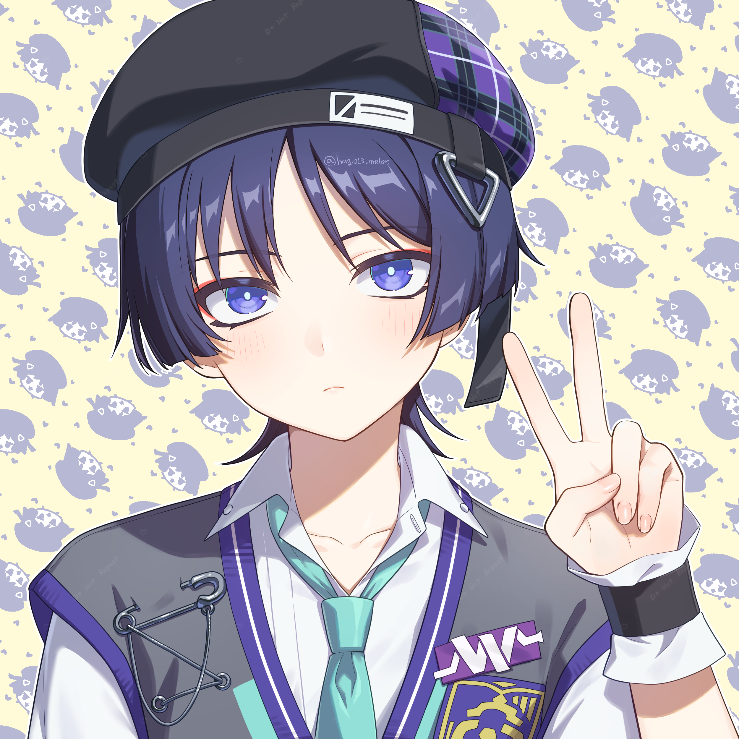 hag (hag 015), scaramouche (genshin impact), wanderer (genshin impact), wanderer (mega mgc coffee) (genshin impact), genshin impact, absurdres, highres, 1boy, alternate costume, aqua necktie, beret, black hat, blue pupils, blunt ends, blush, character background, closed mouth, collared shirt, contemporary, emblem, expressionless, eyeliner, eyeshadow, grey sweater vest, hand up, hat, looking at viewer, makeup, male focus, necktie, official alternate costume, pink nails, plaid hat, portrait, purple eyes, purple hair, purple hat, red eyeliner, red eyeshadow, safety pin, school uniform, shirt, solo, sweater vest, twitter username, v, watermark, white shirt, white sleeves, wispy bangs, wrist cuffs, yellow background