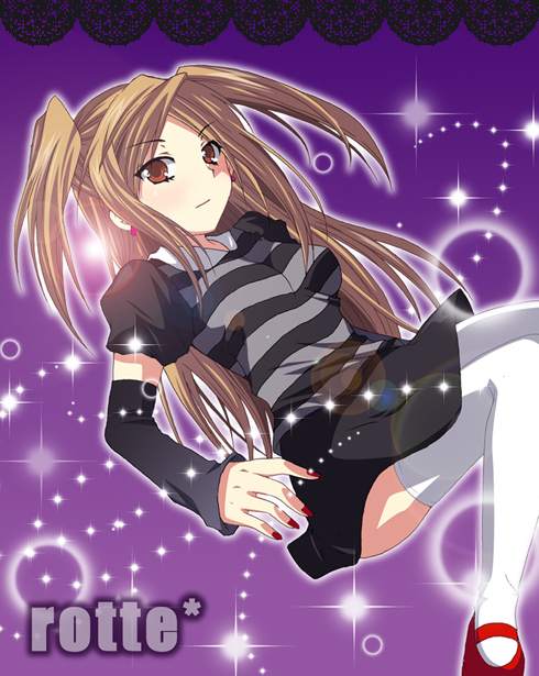 lotte (pop'n music), bemani, pop'n music, tagme, 1girl, brown hair, female focus, shirt, solo, striped clothes, striped shirt, thighhighs, zettai ryouiki