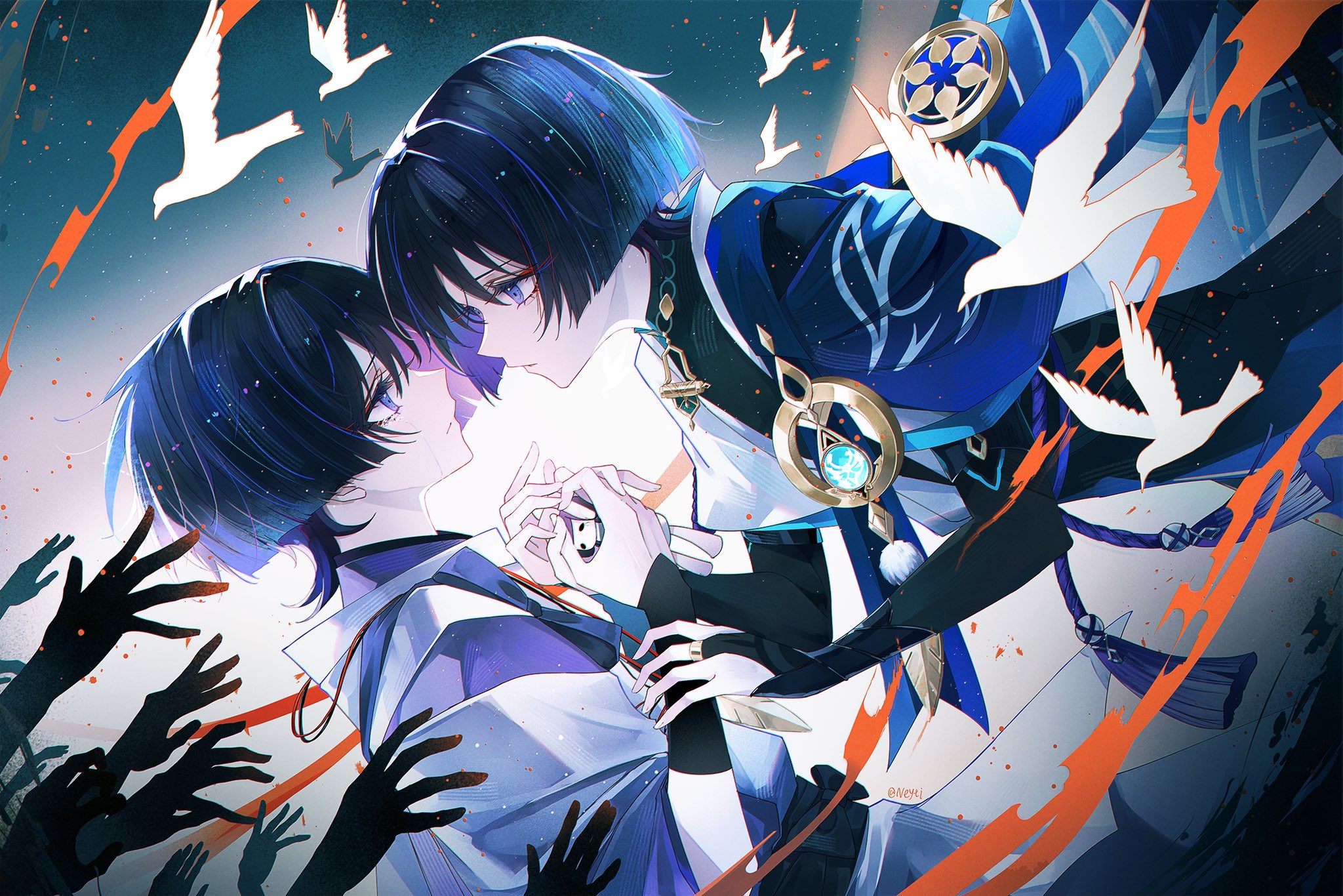 neyti (neytirv), scaramouche (genshin impact), scaramouche (kabukimono) (genshin impact), wanderer (genshin impact), genshin impact, highres, 2boys, anemo symbol (genshin impact), armor, belt, bird, bishounen, black belt, black bodysuit, black bridal gauntlets, black hair, black shorts, blood, blood splatter, blue cape, blue gemstone, blue hair, blue sleeves, blunt ends, bodysuit, bow, bridal gauntlets, cape, closed mouth, clothing cutout, colored inner hair, disembodied hand, dual persona, eye contact, eyelashes, eyeliner, eyeshadow, feathers, furisode, gem, gold ring, hand on another's arm, hand on another's hand, holding, holding stuffed toy, japanese armor, japanese clothes, kariginu, kimono, kote, kurokote, large bow, layered sleeves, looking at another, makeup, mandarin collar, middle ring, multicolored hair, multiple boys, parted lips, pink hair, pom pom (clothes), purple bow, purple eyes, purple kimono, purple rope, purple sash, purple sleeves, reaching, reaching towards another, red eyeliner, red eyeshadow, rope, sash, short sleeves, shorts, shoulder cutout, sideways mouth, simple background, streaked hair, string, stuffed toy, tassel, tasuki, tears, three-quarter sleeves, twitter username, vision (genshin impact), white sleeves, white trim, yellow feathers