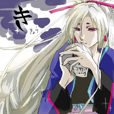 kikyou (pop'n music), bemani, pop'n music, lowres, 1girl, androgynous, female focus, japanese clothes, oekaki, red eyes, skull, solo, white hair