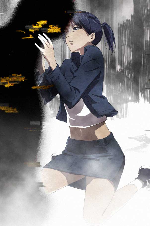 kawamura rukanan, rukanan, amasawa yuuko, dennou coil, 00s, 1girl, brown eyes, brown hair, female focus, jacket, kiss, kneeling, midriff, pencil skirt, skirt, solo, twintails