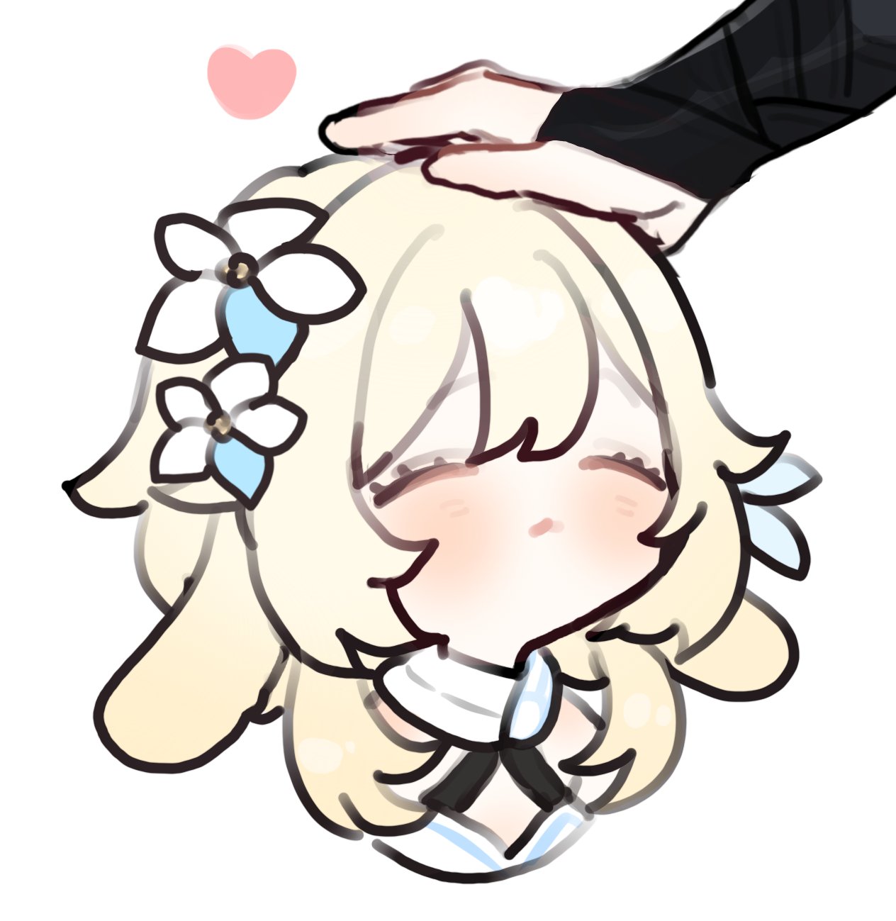 wonla8, lumine (genshin impact), scaramouche (genshin impact), wanderer (genshin impact), genshin impact, facing up, highres, 1girl, animal ears, armor, black bridal gauntlets, blonde hair, blue feathers, blue flower, blue trim, blush, bridal gauntlets, closed eyes, cropped torso, disembodied hand, ears down, eyelashes, feather hair ornament, feathers, flower, hair between eyes, hair ornament, halterneck, headpat, heart, japanese armor, kote, kurokote, multicolored flower, rabbit ears, rabbit girl, scarf, short hair, short hair with long locks, sidelocks, white background, white flower, white scarf