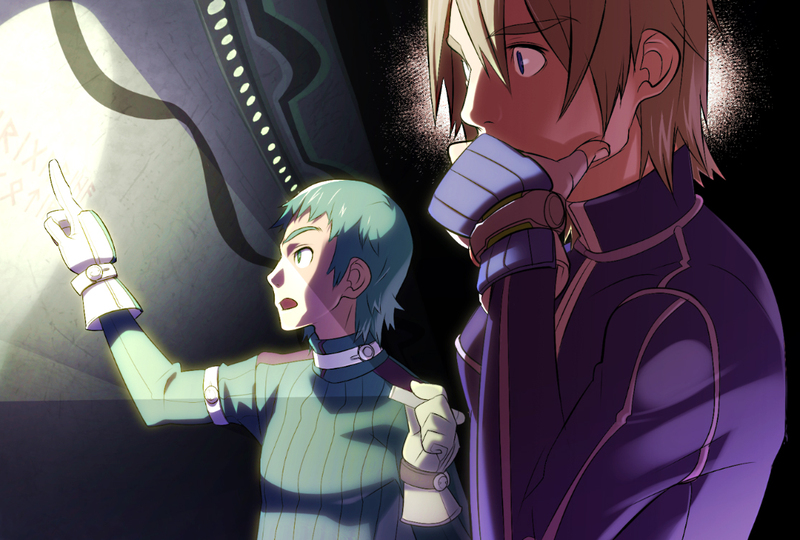nekonoji, tensugi takashi, original, phantasy star, phantasy star universe, 2boys, arm up, blonde hair, blue eyes, dark, fingerless gloves, flashlight, gloves, green eyes, green hair, hand to own mouth, holding, long sleeves, male focus, multiple boys, open mouth, pointing, reading, surprised, thinking, turtleneck, white gloves