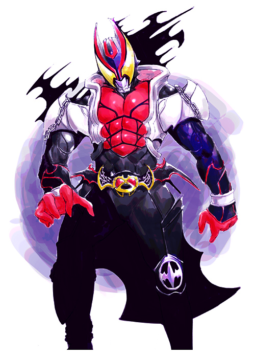 nabeshiki (rakuneko yashiki), kamen rider kiva, kamen rider, kamen rider kiva (series), 1boy, armor, bat (animal), belt, chain, horns, kamen rider kiba, male focus, mask, solo