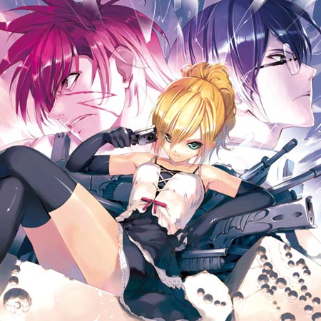 ueda ryou, lowres, 1girl, 2boys, blonde hair, elbow gloves, glasses, gloves, gun, multiple boys, thighhighs, weapon