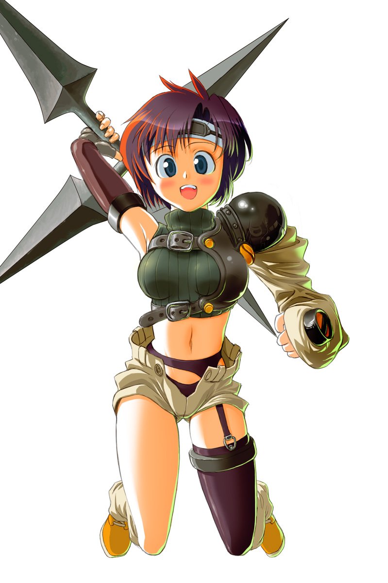 some, ninja (final fantasy), yuffie kisaragi, final fantasy, final fantasy vii, bad id, bad pixiv id, highres, 1990s (style), 1girl, armor, asymmetrical clothes, blue eyes, brown hair, female focus, garter belt, headband, midriff, ninja, open fly, panties, retro artstyle, short hair, shorts, shuriken, single thighhigh, sleeveless, sleeveless turtleneck, solo, thighhighs, turtleneck, underwear, unzipped, weapon