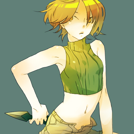 mura, mura (lambmam), mura (pixiv), ninja (final fantasy), yuffie kisaragi, final fantasy, final fantasy vii, lowres, 1990s (style), 1girl, bare shoulders, brown eyes, brown hair, female focus, midriff, ninja, open fly, retro artstyle, short hair, shorts, sleeveless, sleeveless turtleneck, solo, turtleneck, unzipped