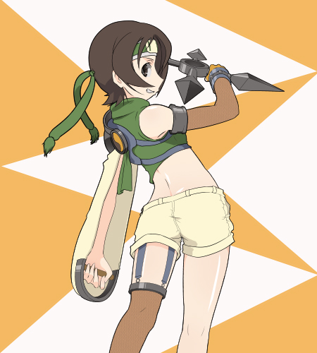muumuu, ninja (final fantasy), yuffie kisaragi, final fantasy, final fantasy vii, bad id, bad pixiv id, lowres, 1990s (style), 1girl, bare shoulders, brown eyes, brown hair, female focus, headband, midriff, ninja, retro artstyle, short hair, shorts, shuriken, sleeveless, sleeveless turtleneck, solo, turtleneck, weapon