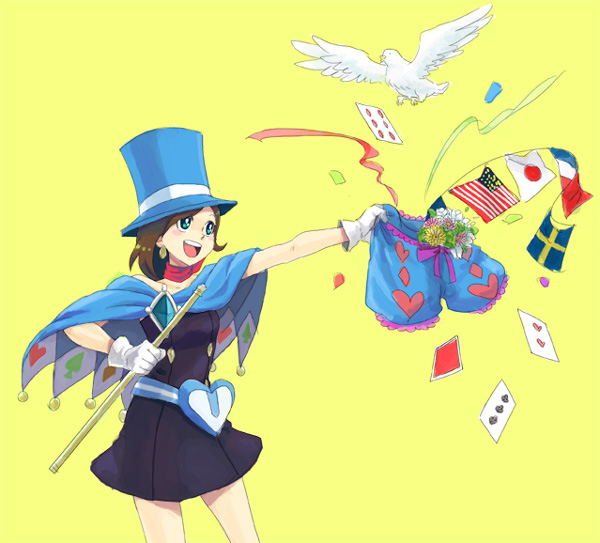 trucy wright, ace attorney, apollo justice: ace attorney, capcom, bad id, bad pixiv id, 1girl, american flag, bird, bloomers, blue bloomers, blue eyes, blue hat, bow, bow bloomers, brown hair, cape, card, confetti, diamond (shape), dove, female focus, flag, flags of all nations, floating card, french flag, hat, heart, japanese flag, magic trick, magician, panties, short hair, solo, spade, string, string of flags, swedish flag, top hat, underwear, wand, yellow background