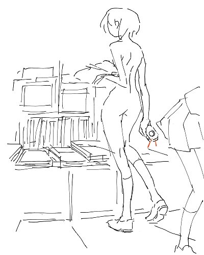 sirahase, original, lowres, ass, back, book, camera, greyscale, lineart, looking back, monochrome, nude, shoes, short hair, sketch, socks