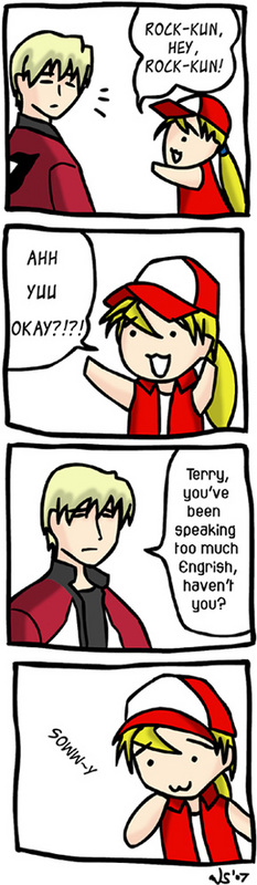 rock howard, terry bogard, fatal fury, garou: mark of the wolves, snk, the king of fighters, long image, tall image, 2boys, 4koma, comic, english text, engrish text, multiple boys, nyoro~n, ranguage
