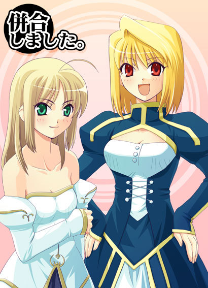 arcueid brunestud, artoria pendragon (fate), saber (fate), fate/stay night, fate (series), tsukihime, type-moon, duplicate, 2girls, arcueid brunestud (cosplay), cosplay, costume switch, dress, multiple girls, saber (fate) (cosplay), strapless, strapless dress