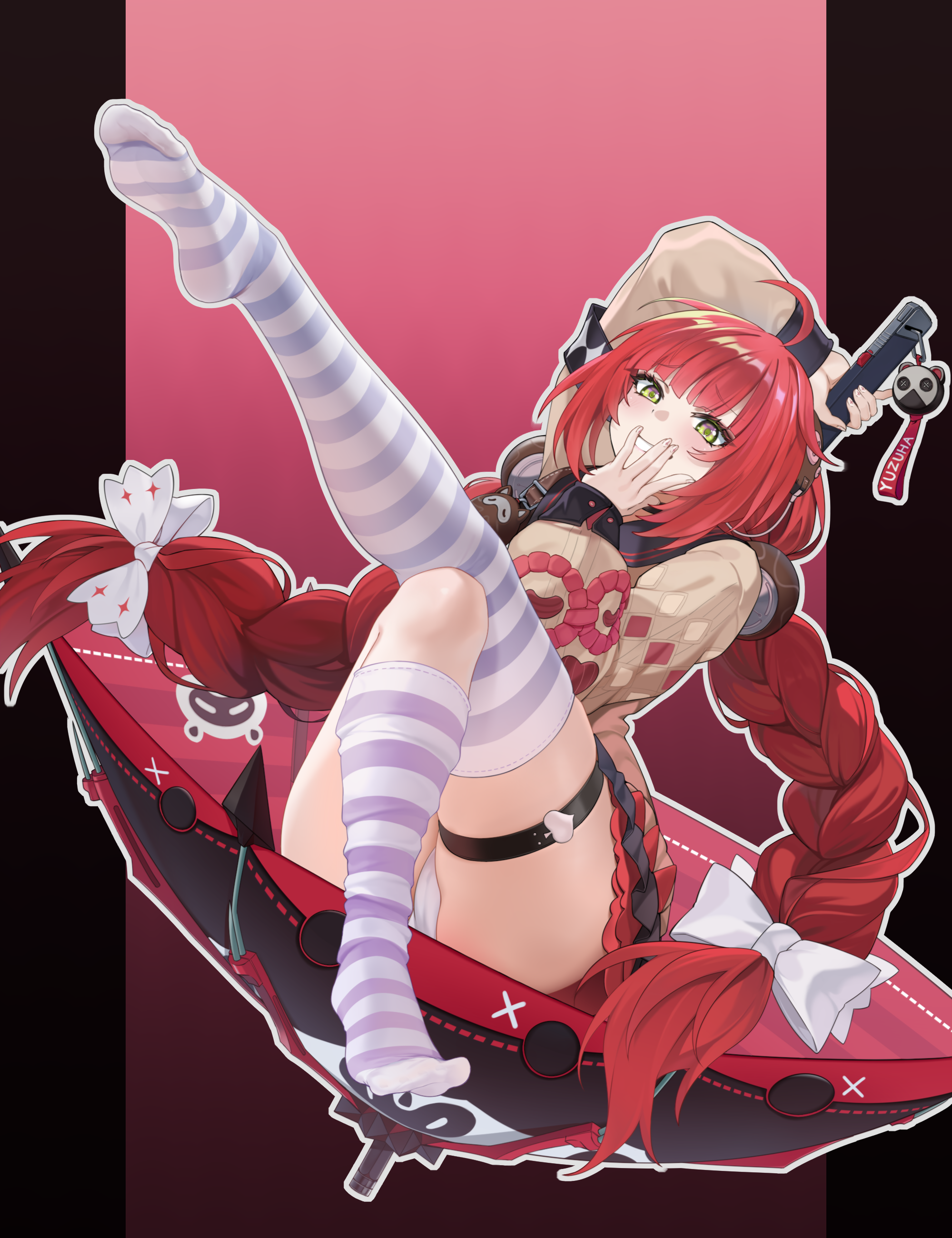 b3b, ukinami yuzuha, zenless zone zero, highres, 1girl, blush, feet, green eyes, grin, long hair, looking at viewer, panties, pantyshot, red hair, smile, soles, striped clothes, striped thighhighs, thighhighs, underwear