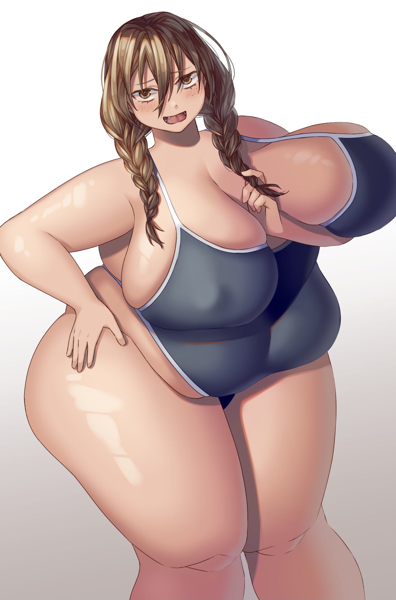 ari tuka, original, 1girl, arm between breasts, arm under breasts, belly, blue one-piece swimsuit, blush, braid, breast lift, breasts, brown eyes, brown hair, fangs, fat, fat woman, freckles, grey background, hair over shoulder, hair tie, hand in own hair, hand on own hip, highleg, highleg one-piece swimsuit, huge breasts, medium hair, one-piece swimsuit, open mouth, solo, standing, swimsuit, thick thighs, thighs, tight clothes, tongue, twin braids