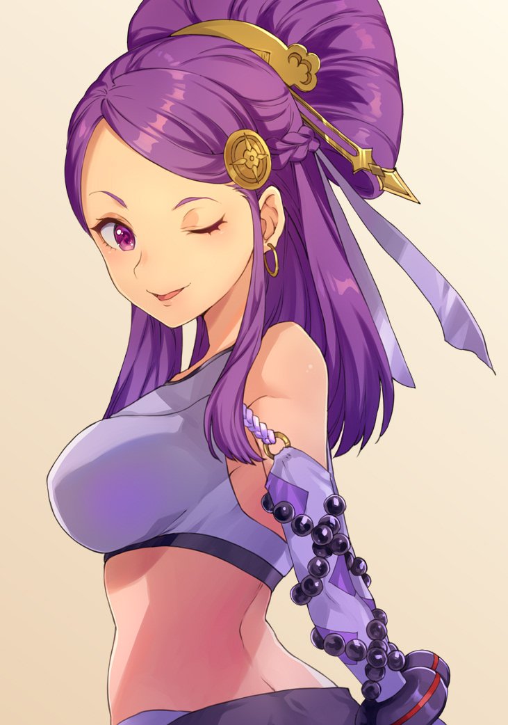 orochi (fire emblem), fire emblem, fire emblem fates, nintendo, 1girl, back, backless outfit, bare shoulders, breasts, detached sleeves, hair ornament, japanese clothes, large breasts, one eye closed, purple eyes, purple hair, wink