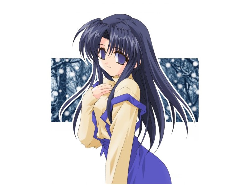 kawana misaki, one – kagayaku kisetsu e, 00s, 1girl, black hair, blue dress, blue eyes, dress, female focus, long hair, long sleeves, looking at viewer, parted bangs, simple background, skirt, solo, suspender skirt, suspenders, suspenders slip, sweater, very long hair, white background