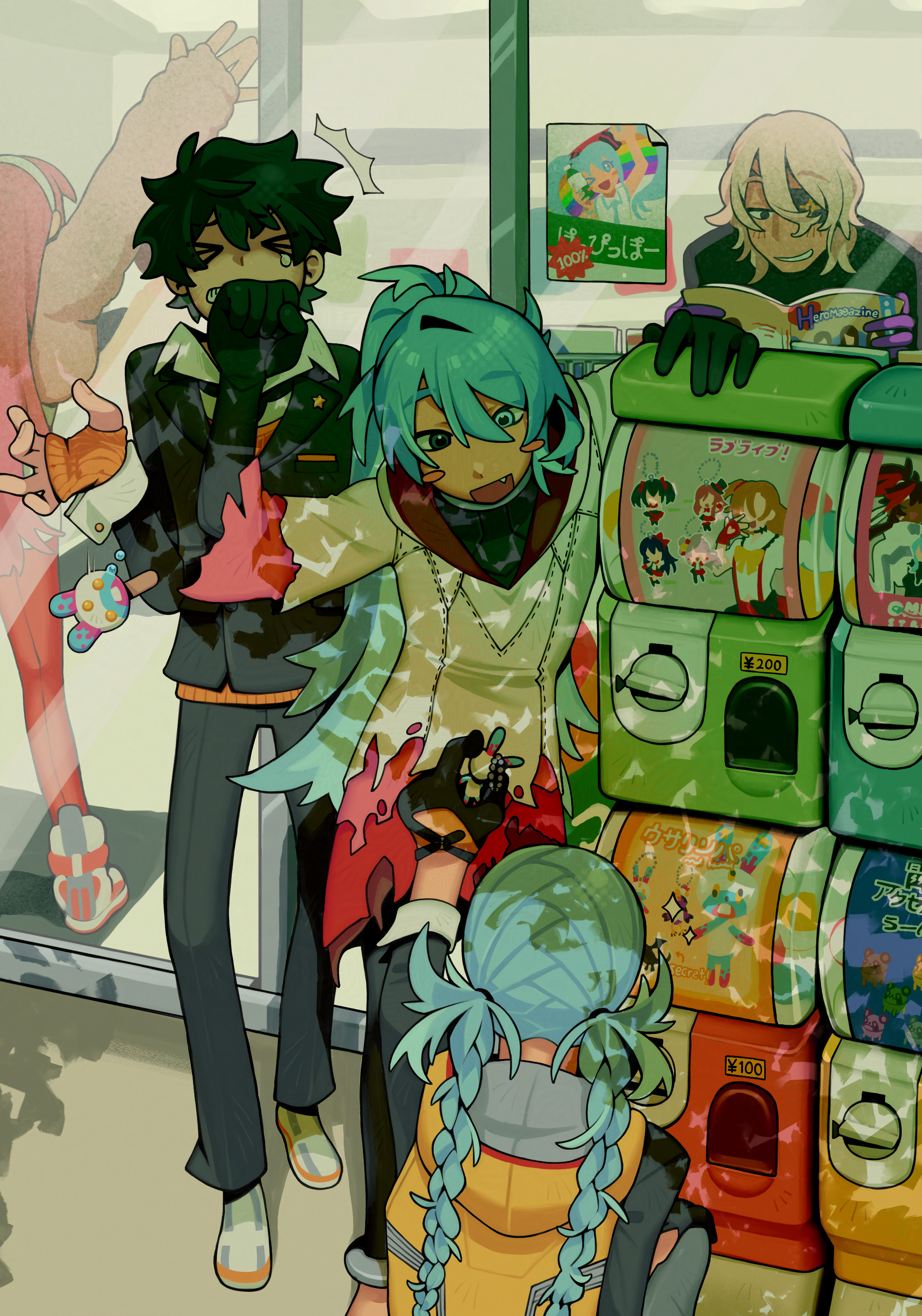 slippy (734nyui), date kaname, kuranushi mizuki, okiura mizuki, ryuki kuruto, sagan iris, ai the somnium files, ai the somnium files: nirvana initiative, absurdres, highres, 2boys, 3girls, artificial eye, black hair, blue hair, blush, braid, convenience store, eyepatch, fang, fingerless gloves, gashapon, gloves, long hair, magazine (object), multiple boys, multiple girls, punching, shop, smile, twin braids, white hood