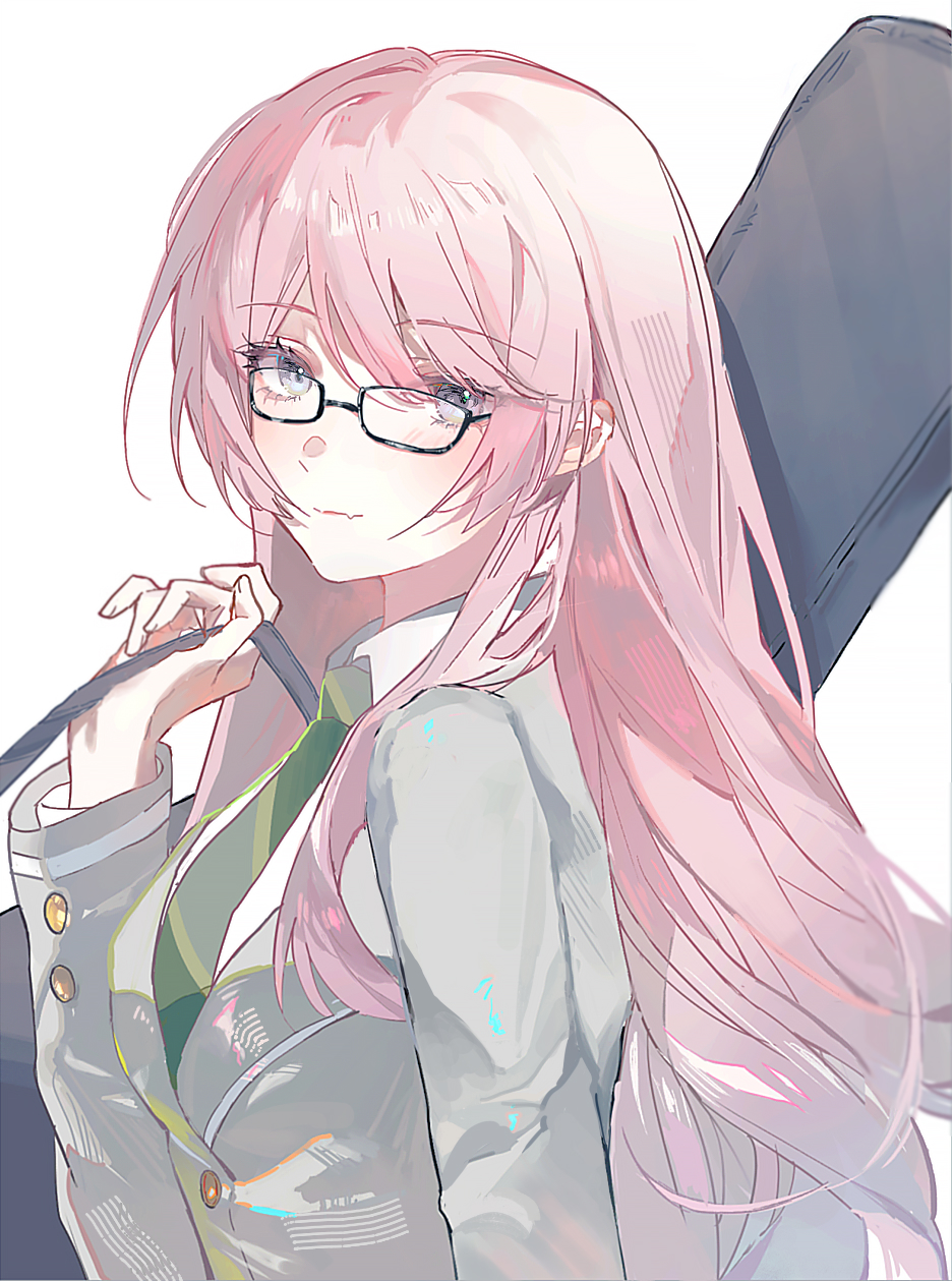 gumiwode, chihaya anon, bang dream!, bang dream! it's mygo!!!!!, chinese commentary, commentary request, highres, 1girl, closed mouth, collared shirt, diagonal-striped clothes, diagonal-striped necktie, fang, glasses, green necktie, grey eyes, grey jacket, guitar case, hand up, haneoka school uniform, holding strap, instrument case, jacket, long hair, long sleeves, looking at viewer, necktie, pink hair, school uniform, shirt, sidelocks, simple background, solo, striped clothes, upper body, white background, white shirt