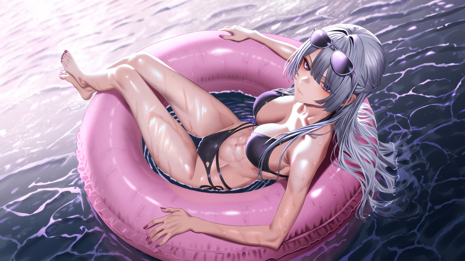 anakasakas, ak-15 (girls' frontline), girls' frontline, commentary request, highres, 1girl, abs, alternate costume, bare legs, bare shoulders, bikini, braid, breasts, closed mouth, collarbone, eyewear on head, full body, grey hair, legs, long hair, looking at viewer, lying, medium breasts, nail polish, navel, purple bikini, purple eyes, purple nails, side braid, solo, summer, sunglasses, swimsuit, thighs, toenail polish, toenails, water, wet