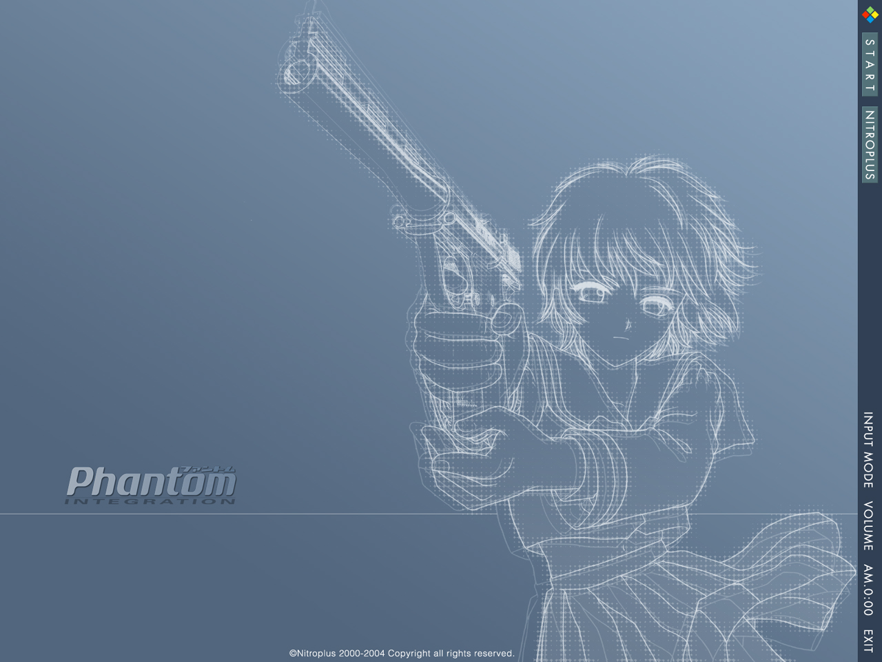 ein (phantom of inferno), nitroplus, phantom of inferno, 1girl, aiming, blue background, cowboy shot, female focus, gun, handgun, holding, holding weapon, long sleeves, monochrome, pistol, pleated skirt, simple background, skirt, solo, upper body, weapon