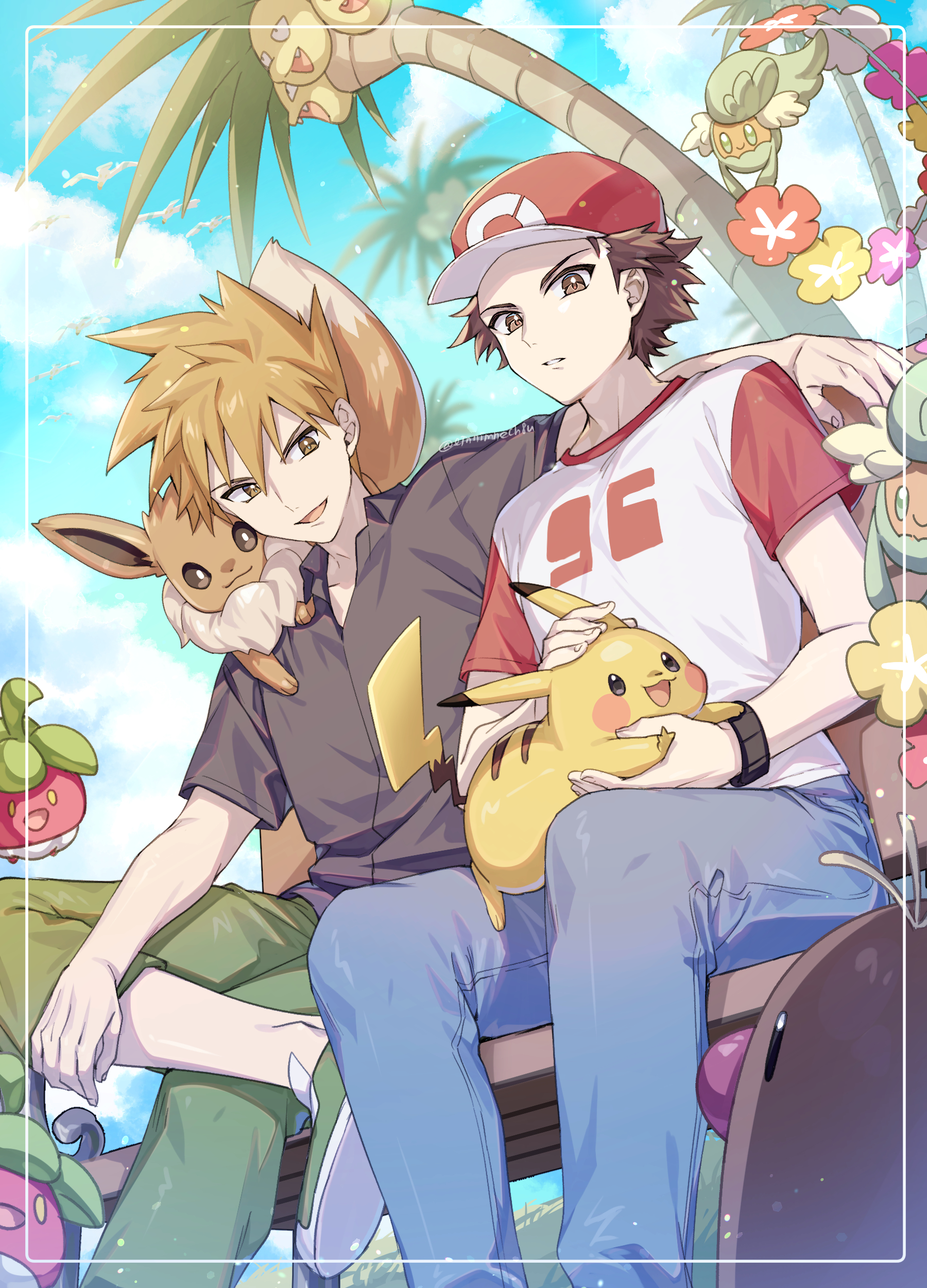 88 (einnimnech), alolan diglett, alolan exeggutor, blue oak, bounsweet, comfey, eevee, pikachu, red (pokemon), nintendo, pokemon, pokemon sm, absurdres, highres, 2boys, alolan form, baseball cap, bench, black shirt, blue pants, brown eyes, brown hair, closed mouth, flower, flower necklace, flower wreath, gen 1 pokemon, gen 7 pokemon, green pants, hat, jewelry, lei, multiple boys, necklace, on lap, on shoulder, open mouth, outdoors, pants, pokemon (creature), pokemon on lap, pokemon on shoulder, red hat, shirt, shoes, short hair, short sleeves, sitting, smile, spiked hair, white shirt, wristband
