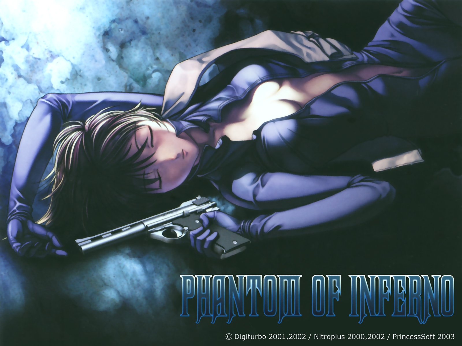 yanoguchi kimi, ein (phantom of inferno), nitroplus, phantom of inferno, highres, official art, official wallpaper, 1girl, arm up, black bodysuit, black hair, bodysuit, breasts, breasts apart, center opening, cleavage, closed eyes, copyright name, dated, female focus, from above, gun, hair between eyes, handgun, holding, lips, lying, medium breasts, navel, no bra, on back, open clothes, open shirt, pistol, shirt, short hair, smile, solo, unzipped, upper body, watermark, weapon