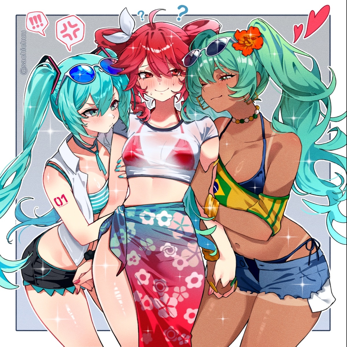 sachichuu, brazilian miku, hatsune miku, kasane teto, kasane teto (sv), synthesizer v, vocaloid, commentary, english commentary, highres, !, !!, 3girls, ?, ahoge, anger vein, aqua hair, aqua nails, arm tattoo, artist name, bead necklace, beads, bikini, black bikini, black scrunchie, black shorts, blue sarong, blue shorts, blush, bow, bracelet, brazilian flag, breasts, cleavage, closed mouth, collared shirt, drill hair, earrings, eyewear on head, floral print, flower, gold bracelet, gradient sarong, green hair, grey background, hair bow, hair flower, hair ornament, heart, holding another's arm, holding hands, inset border, jewelry, long hair, looking at another, multiple girls, navel, necklace, number tattoo, one eye closed, open clothes, open fly, open shirt, pink nails, red bikini, red flower, red hair, red sarong, sarong, scrunchie, see-through clothes, see-through shirt, shirt, short shorts, shorts, side-tie bikini bottom, simple background, smile, spoken anger vein, spoken exclamation mark, sunglasses, sweatdrop, swimsuit, tan, tanline, tattoo, torn clothes, torn shorts, twin drills, twintails, twitter username, two-tone background, white background, white bow, white shirt, wrist scrunchie, yellow nails, yellow shirt