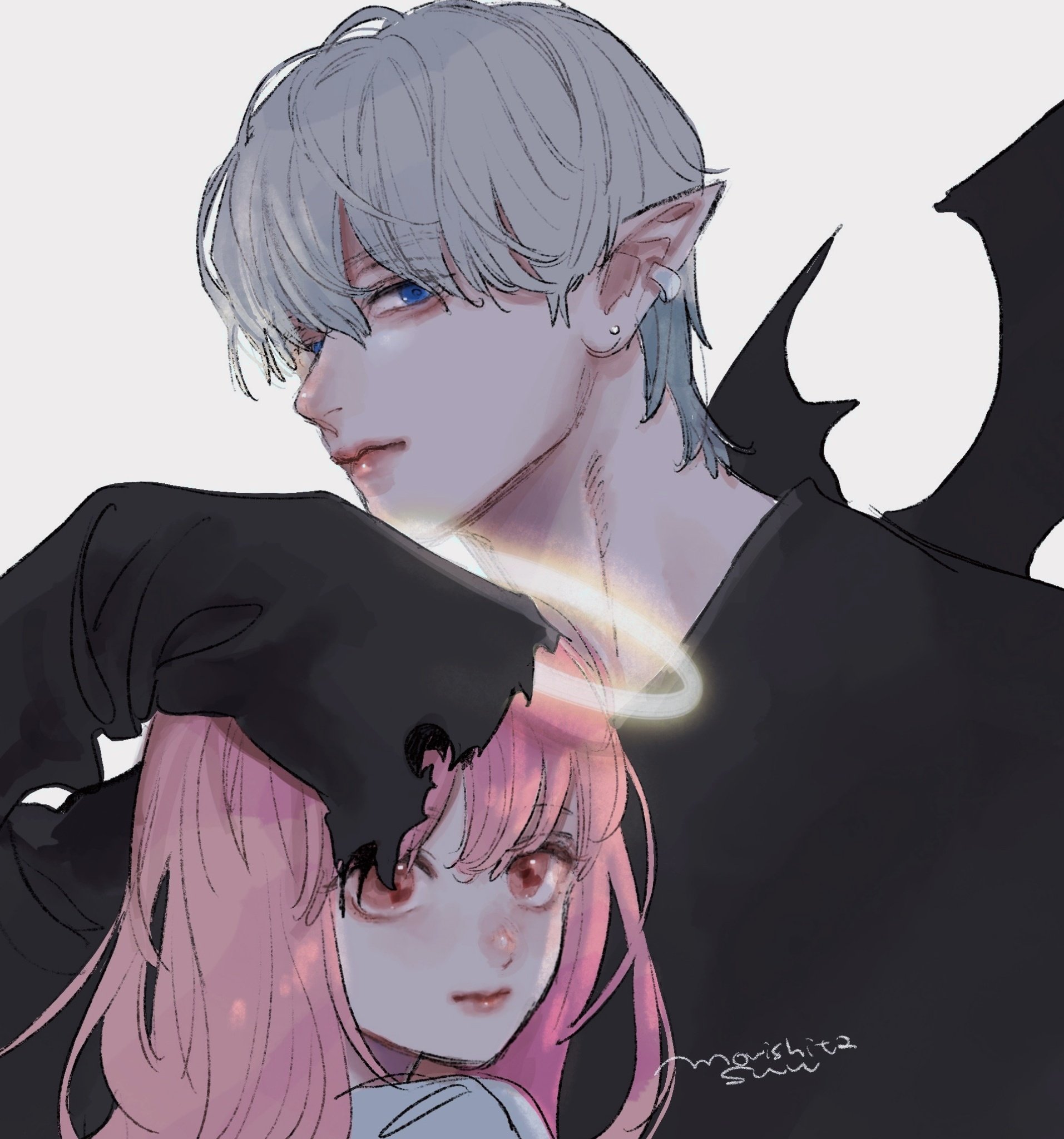 morisita suu, itose yuki, yubisaki to renren, highres, official art, 1boy, 1girl, angel, angel and devil, artist name, bat wings, black shirt, black wings, blue eyes, demon, earrings, halo, itsuomi nagi, jewelry, juliet sleeves, long sleeves, piercing, pink hair, pointy ears, puffy sleeves, red lips, shirt, traditional halo, white hair, wings