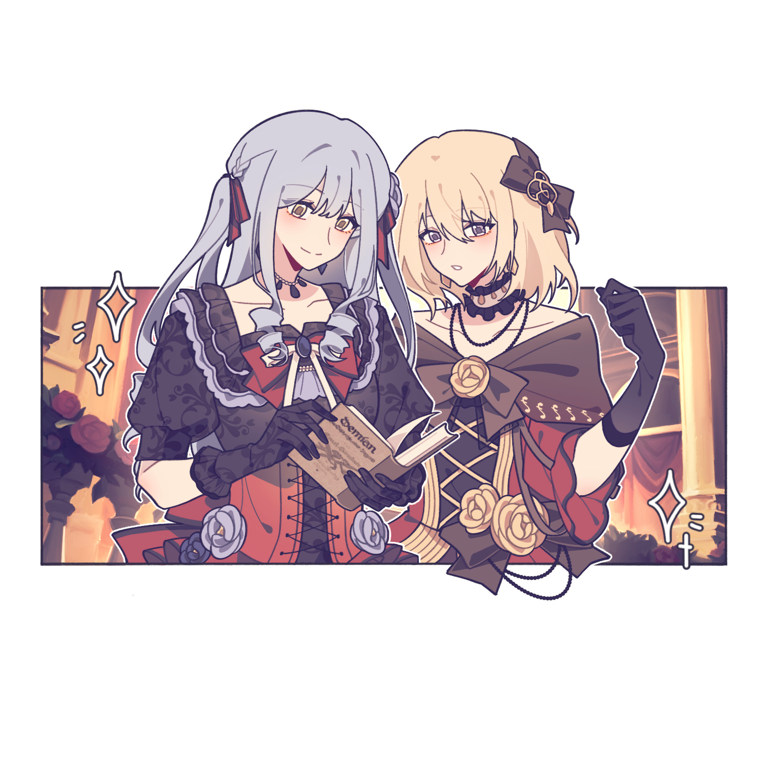 misumi uika, togawa sakiko, bang dream!, bang dream! it's mygo!!!!!, artist request, chinese commentary, commentary request, commission, highres, second-party source, 2girls, alternate costume, black dress, black gloves, black ribbon, blonde hair, blue hair, book, choker, closed mouth, corset, dress, flower, frilled choker, frills, gloves, holding, holding book, jewelry, long hair, looking down, multiple girls, necklace, open book, red corset, ribbon, rose, sidelocks, smile, sparkle, two side up, yellow eyes, yellow flower, yellow rose